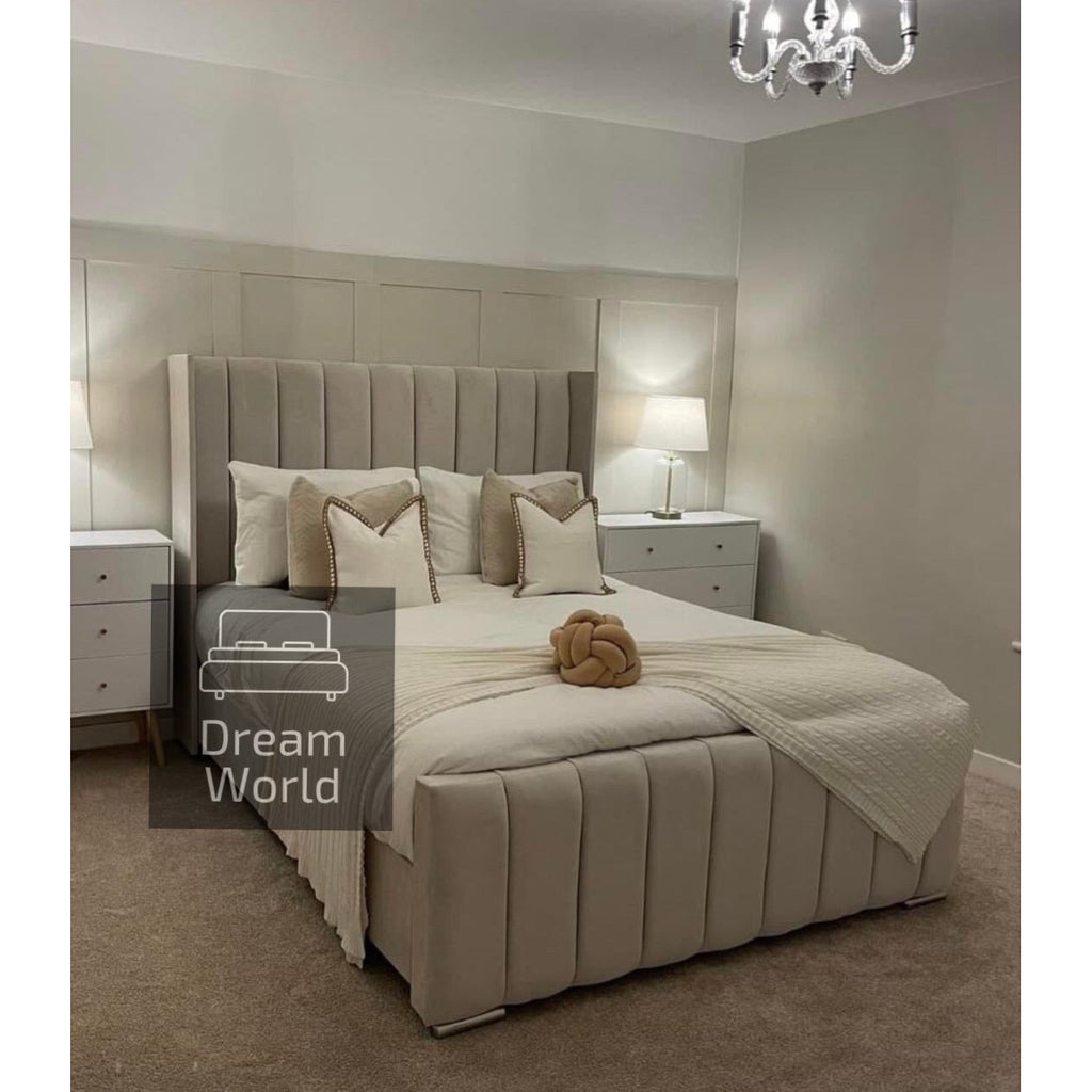 victoria wingback bed frame in pebble plush fabric